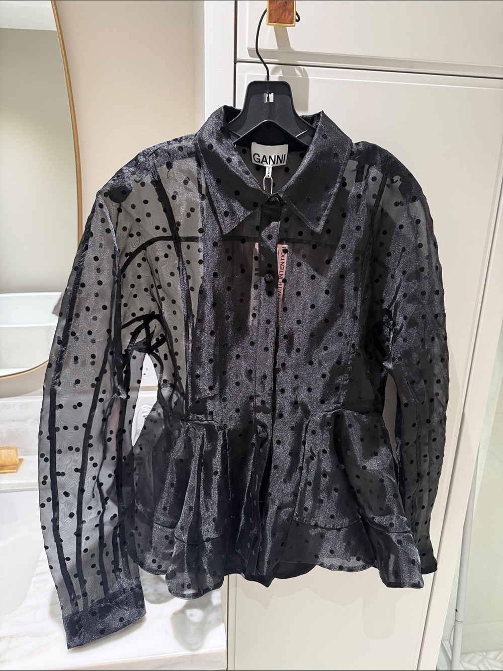 Ganni Black Sheer Polka Dot Peplum Top/Blouse